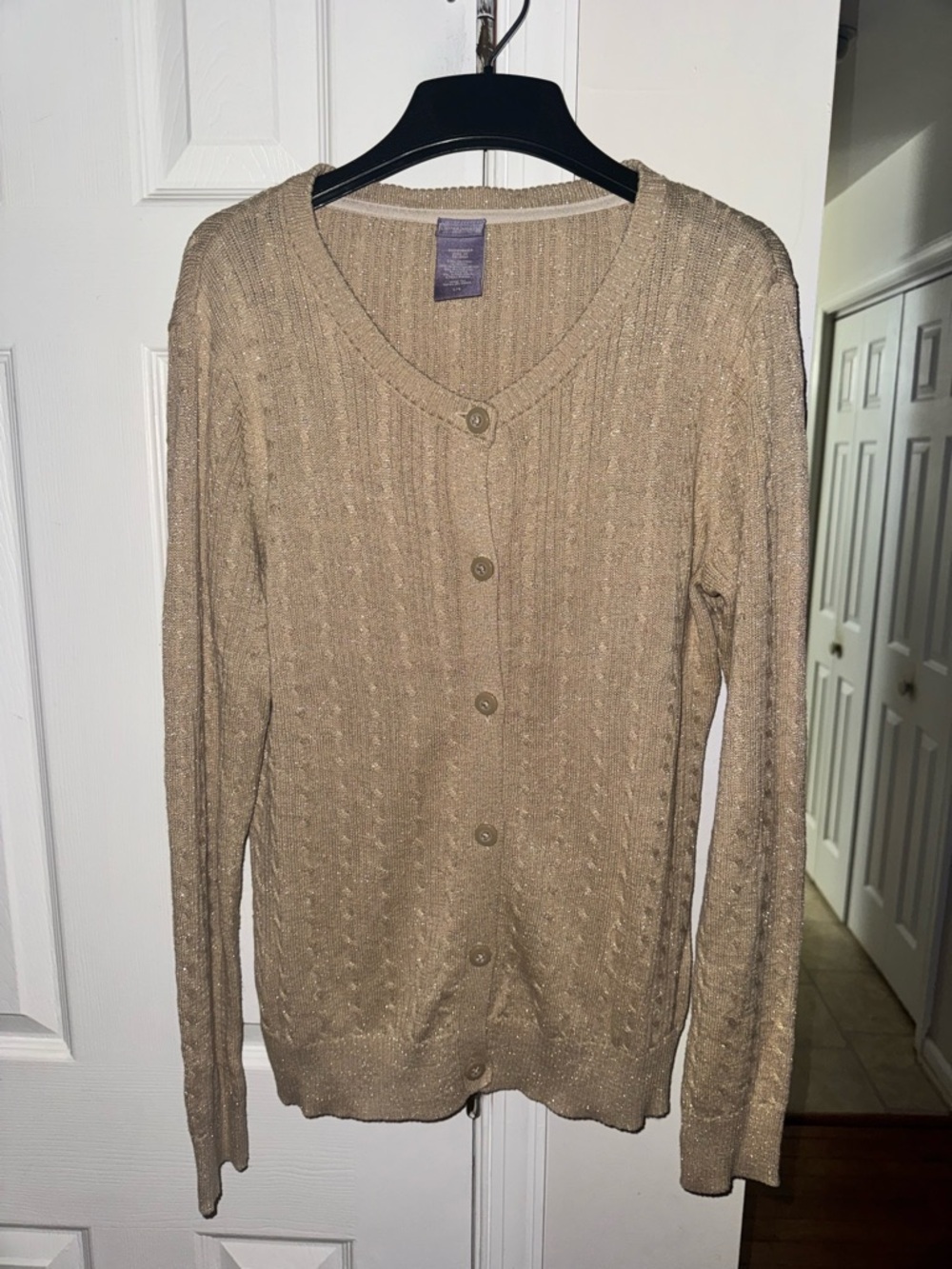 Laura Scott Cable Knit Sweater Women Large L Tan Gold Shimmer Cotton Blend